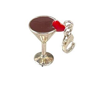 QG Martini Glass Charm Pendant With Red Heart Accent Silver-Tone 3D Design For B